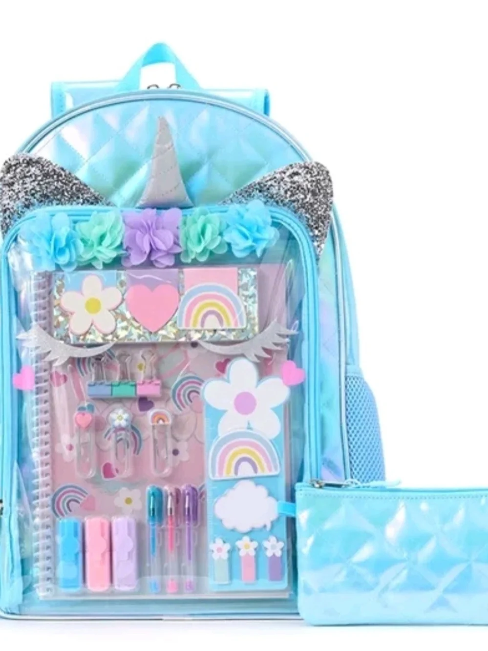 Kids Unicorn Blue Glitter Backpack with Stationery Set
